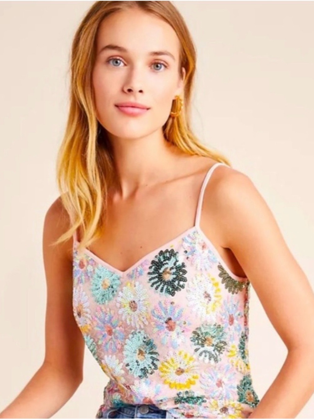 NWT Eva Franco Anthropologie Floral Sequin Cami Tank Large Pink Pastel Party Top